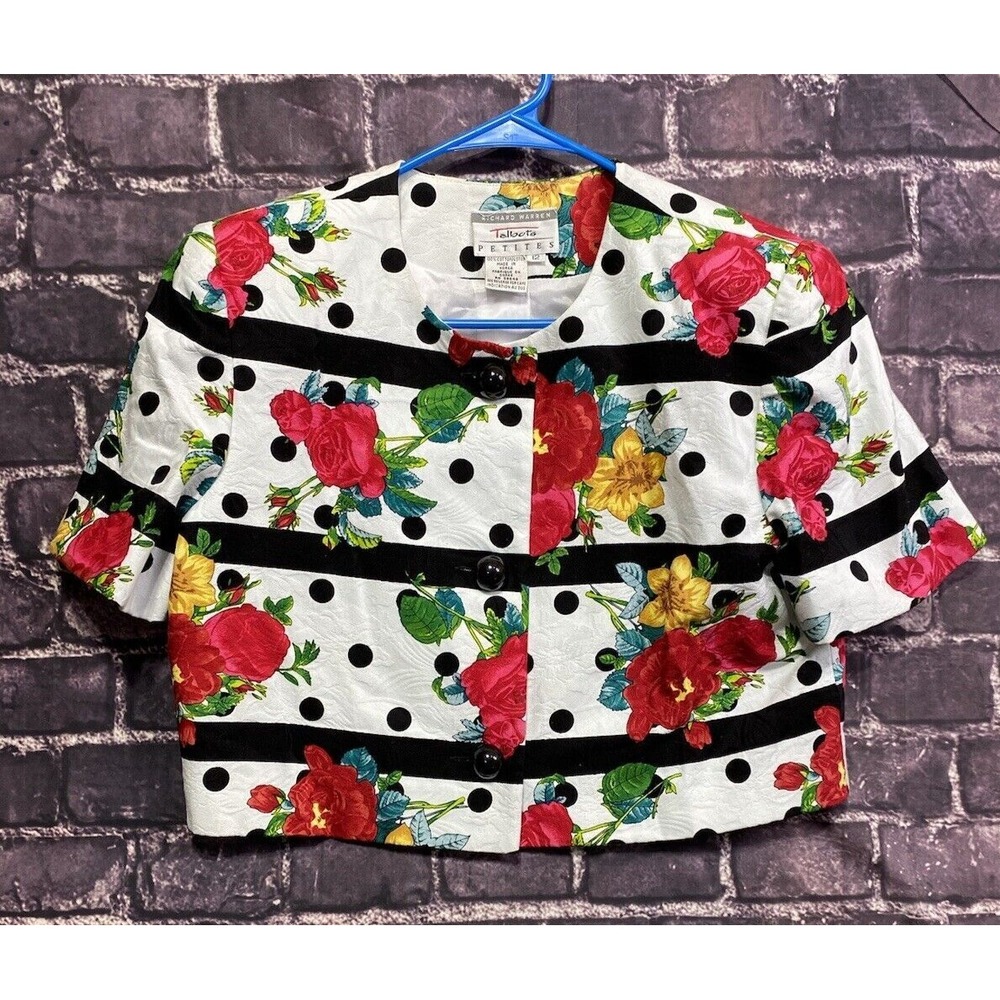 Talbots Petites Richard Warren Jacket Womens 12P Yellow White Polka‎ Dot Floral